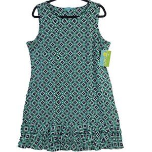 Anthonys Resort Wear Blue & Green UPF 50+ Sleeveless Dress With Ruffle Hem Sz XL
